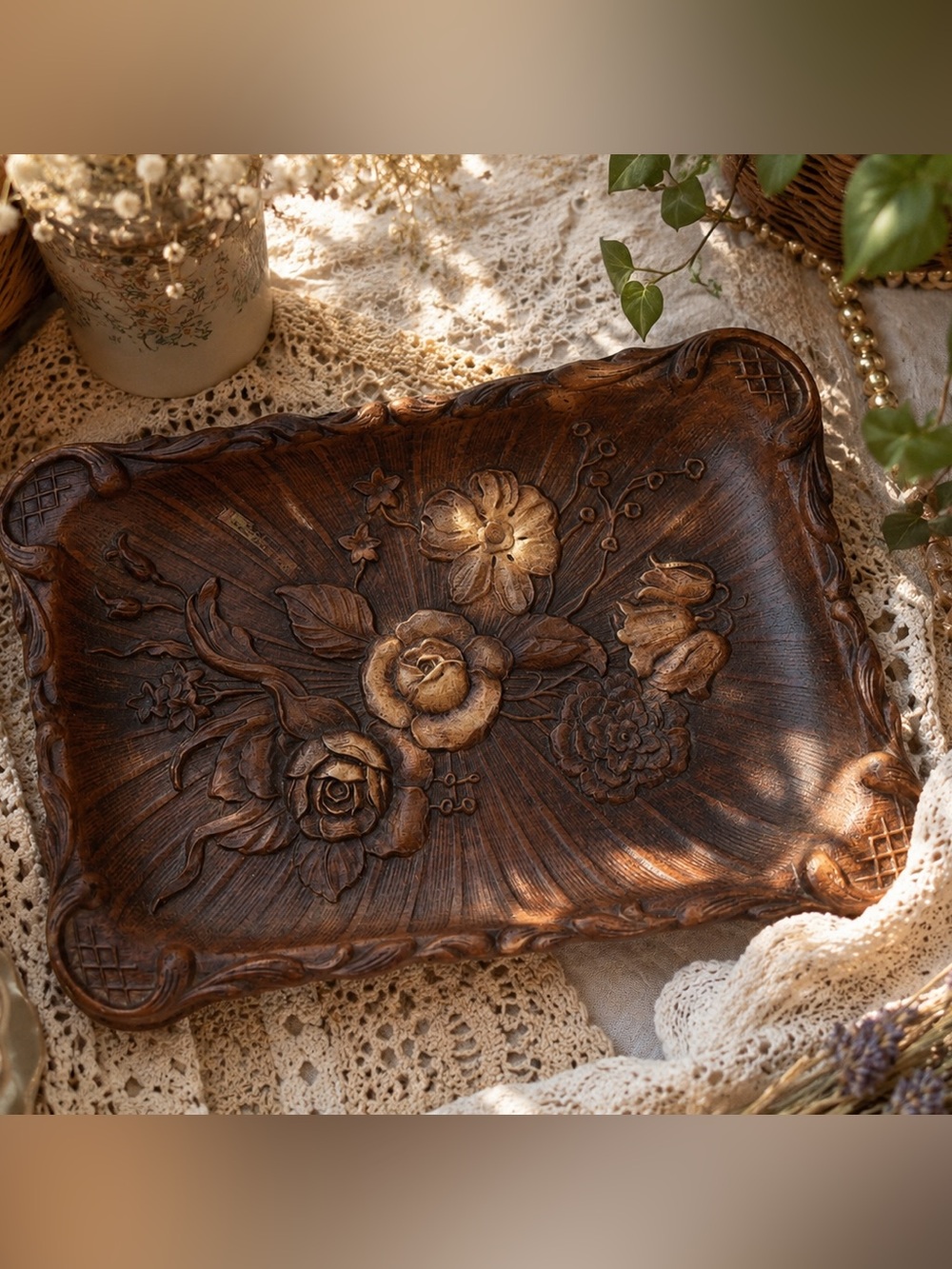 Vintage 1944 Multi Products Inc. Faux Wood Resin Floral Serving Tray Rectangle